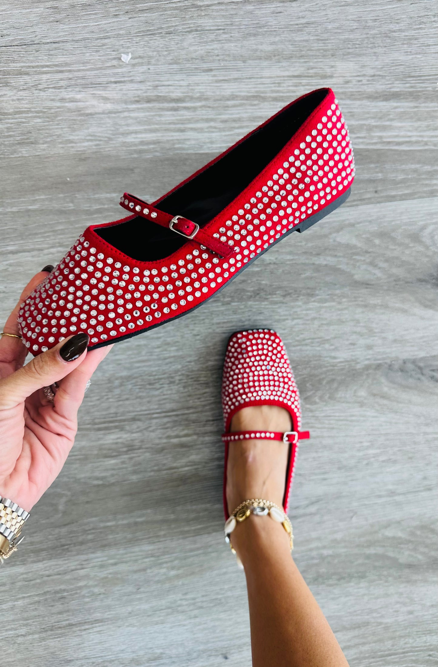 ShuShop Red Rhinestone Ballet Flats