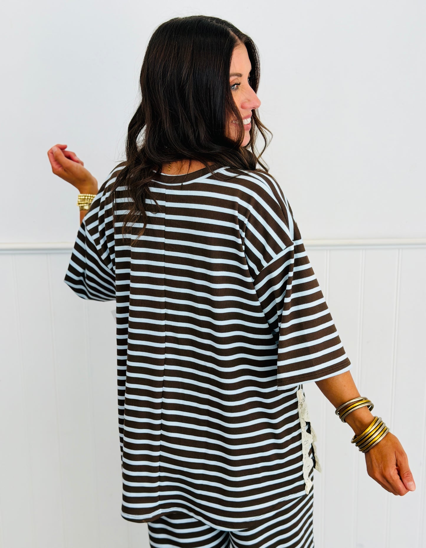 Striped Lace Side Slit Top (Reg. and Plus) - 6 Colors