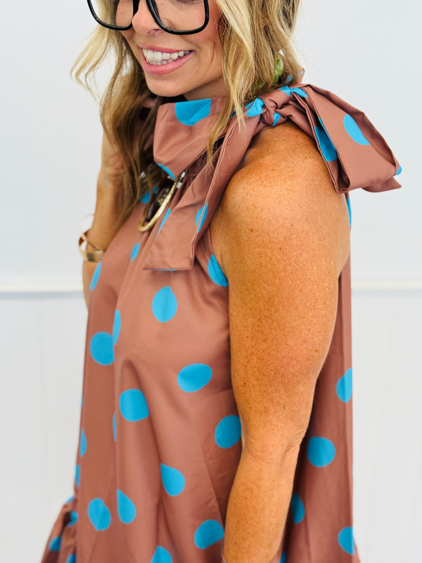 Camel Polka Dot Adjustable Tie Neck Sleeveless Mini Dress (Reg.)