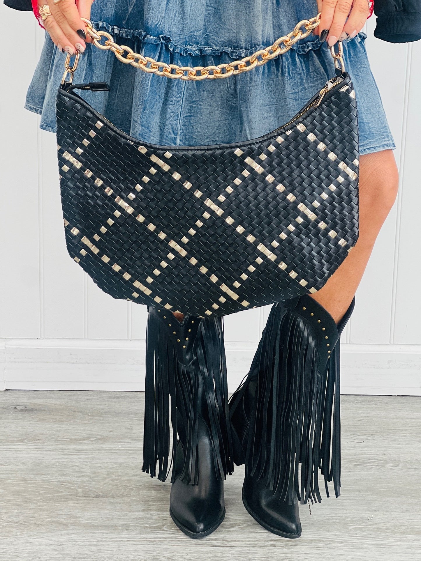 Sienna Slouchy Woven Handbag - Black & Gold Diamond