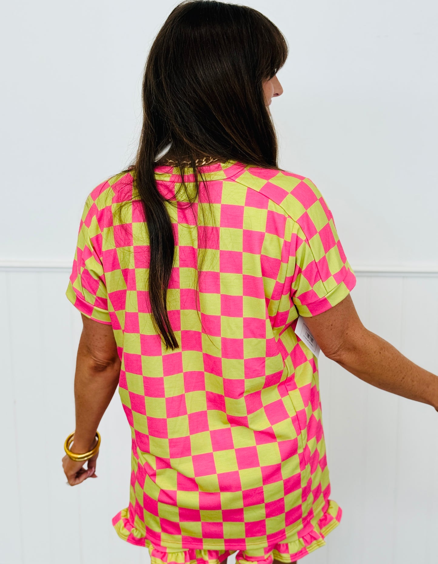 Checkered Print Top & Ruffle Shorts Set (Reg. & Plus) - 4 Colors
