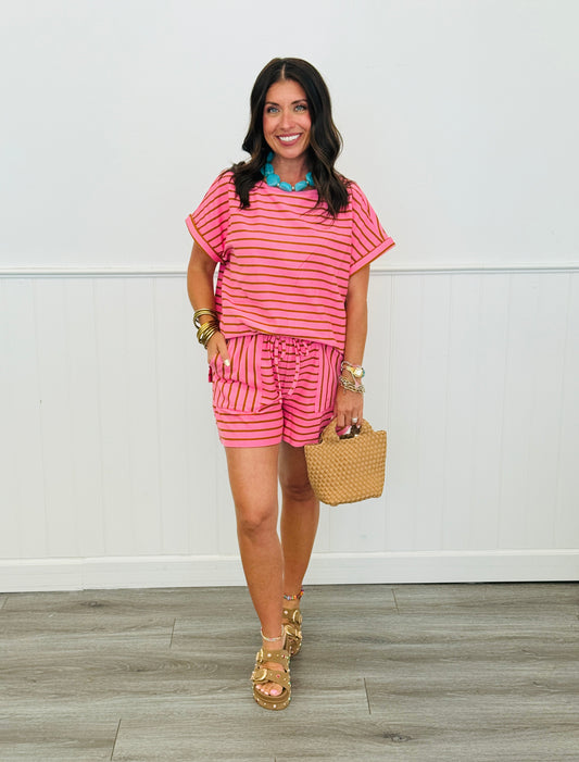 Pink/Brown Stripe Top & Shorts Set (Reg & Plus)