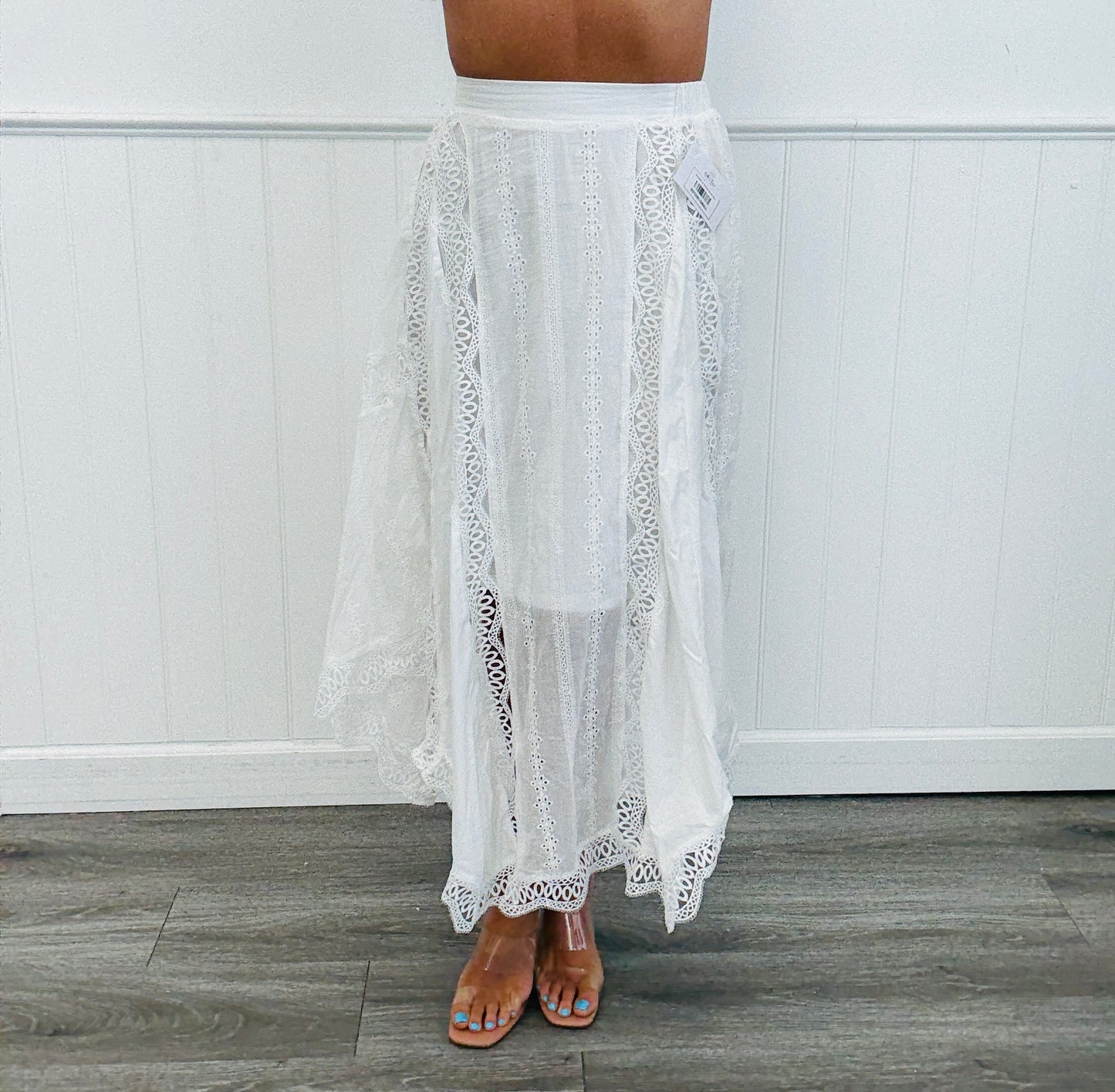 Ivory Eyelet Lace Dimension Midi Skirt (Reg.)