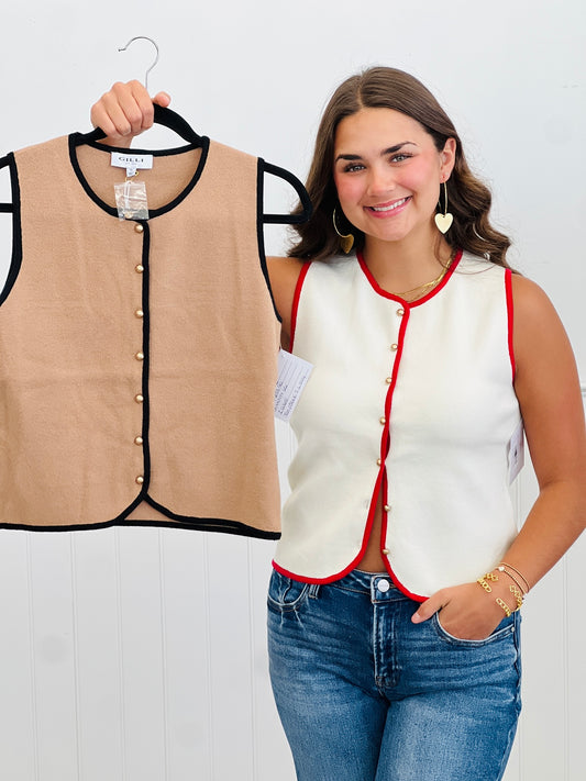 Two Tone Button Down Vest Top (Reg & Plus)-2 Colors