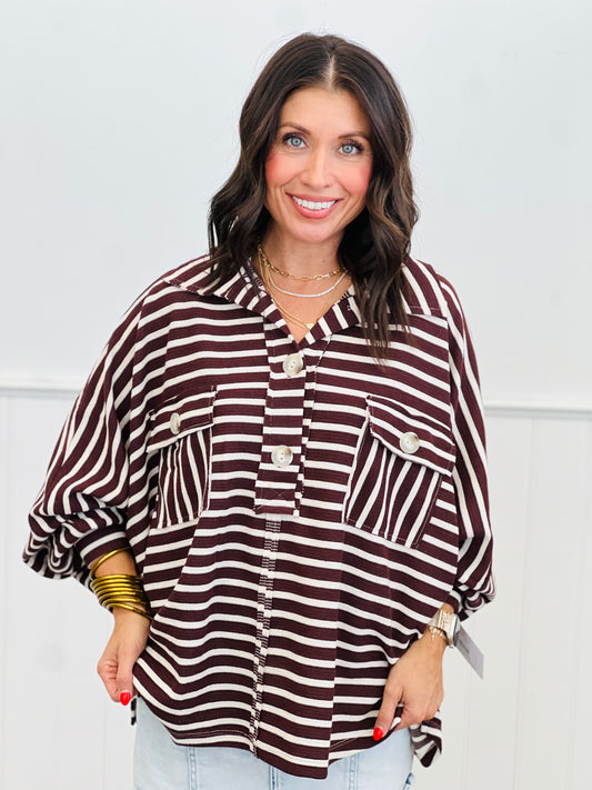Cherry Cola Striped Henley Collared Top (Reg.)