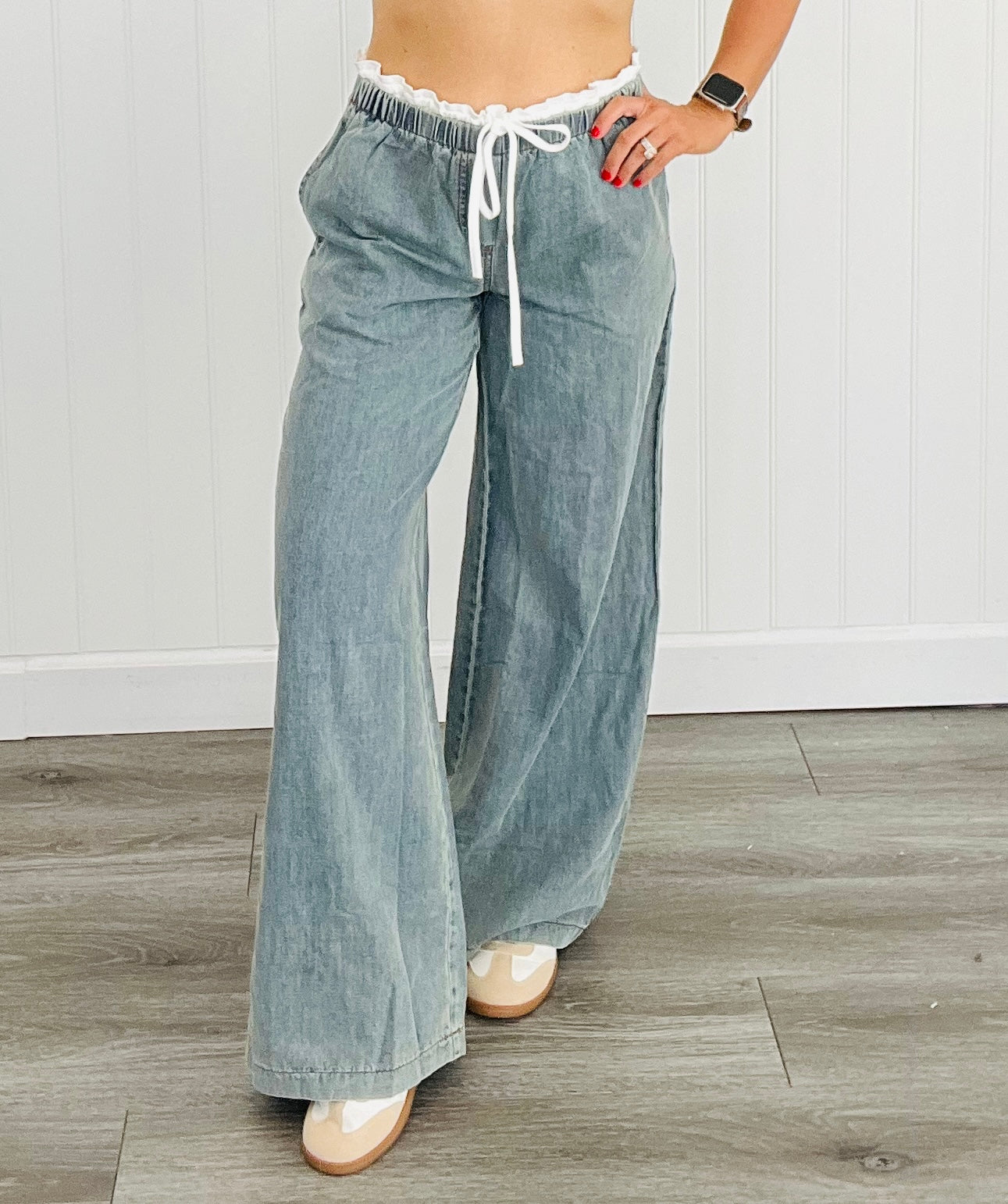 Washed Light Denim Wide Leg Pants (Reg)