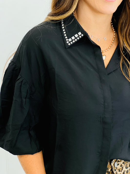 Black Embellished Collar Blouse (Reg. and Plus)