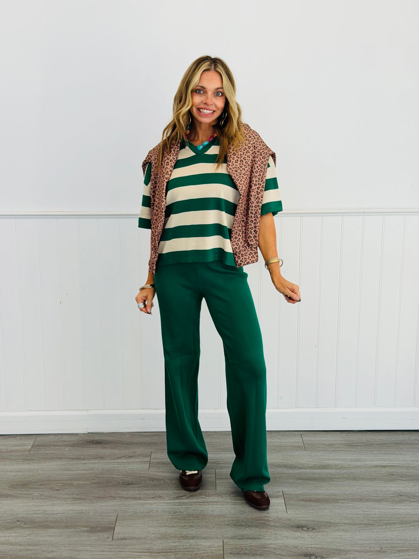 Hunter Green/Almond Stripe Top & Solid Pant Set (Reg.)