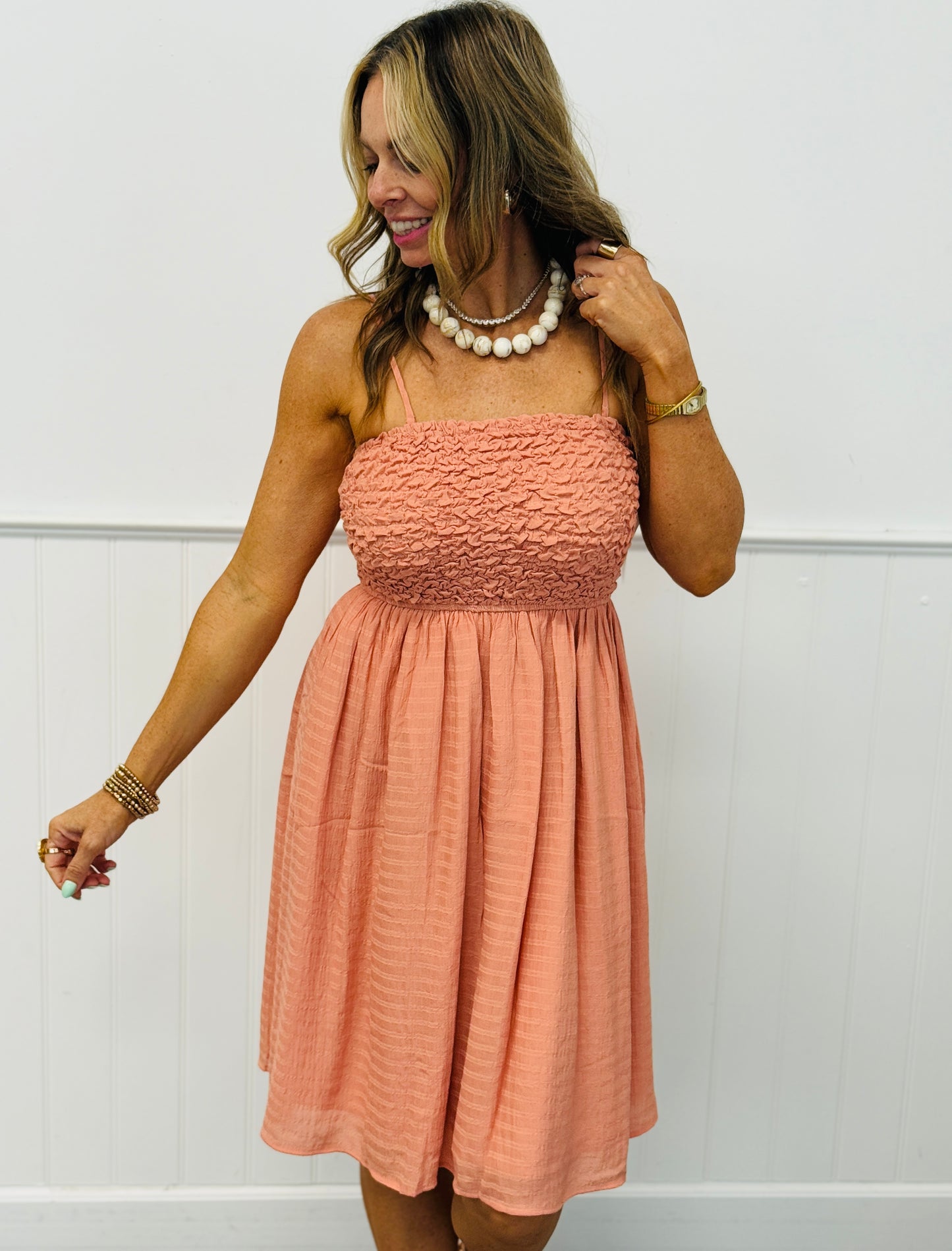 Dusty Salmon Popcorn Smocked Mini Dress (Reg.)
