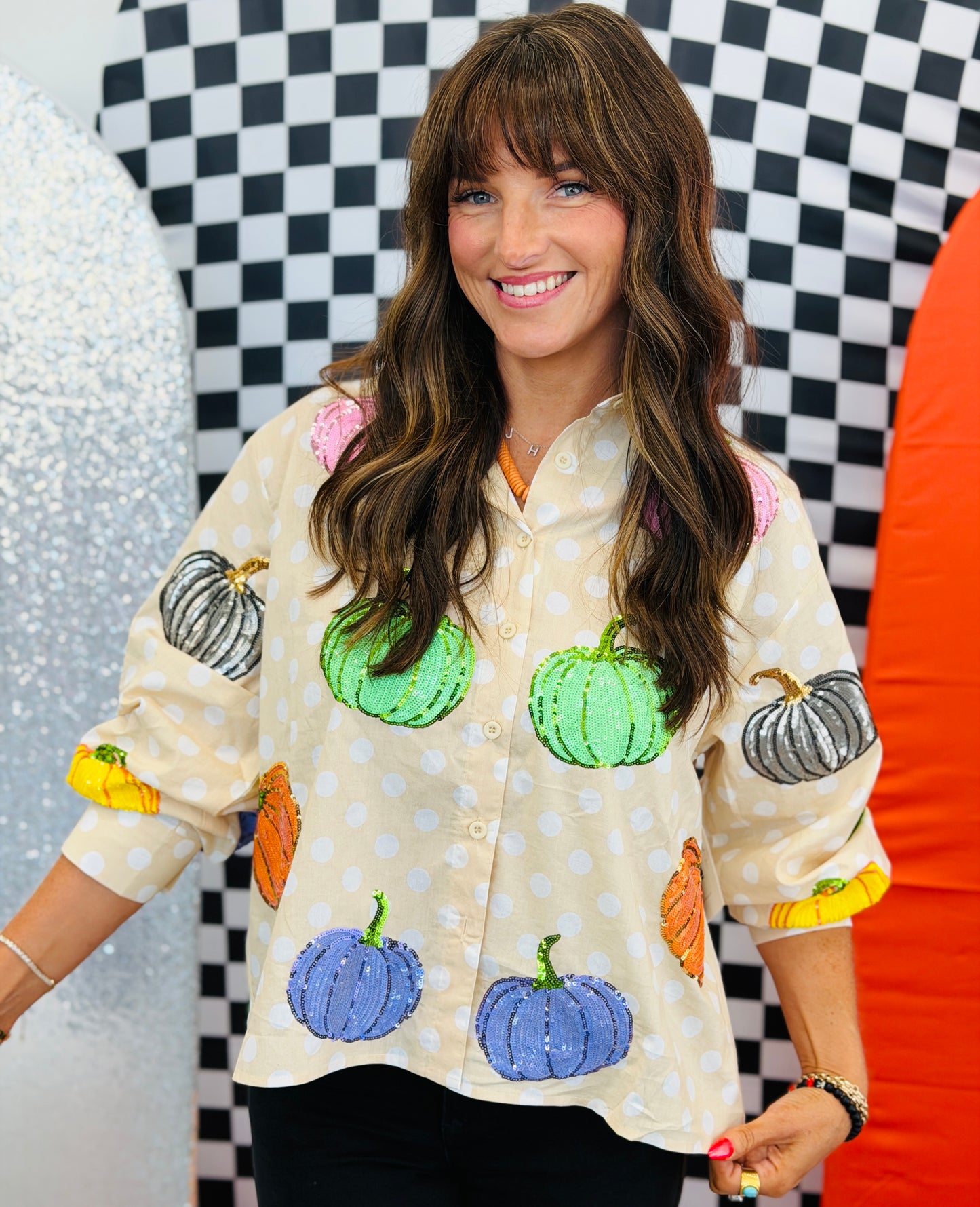 Queen Of Sparkles Beige & White Polka Dot Pumpkin Button Up Top (Reg. and Plus)