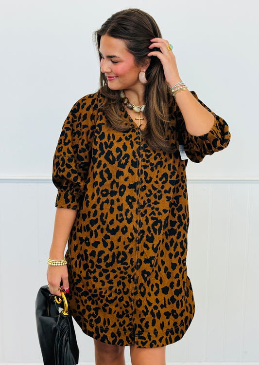 Caramel Leopard Print Zip Front Mini Dress (Reg & Plus)