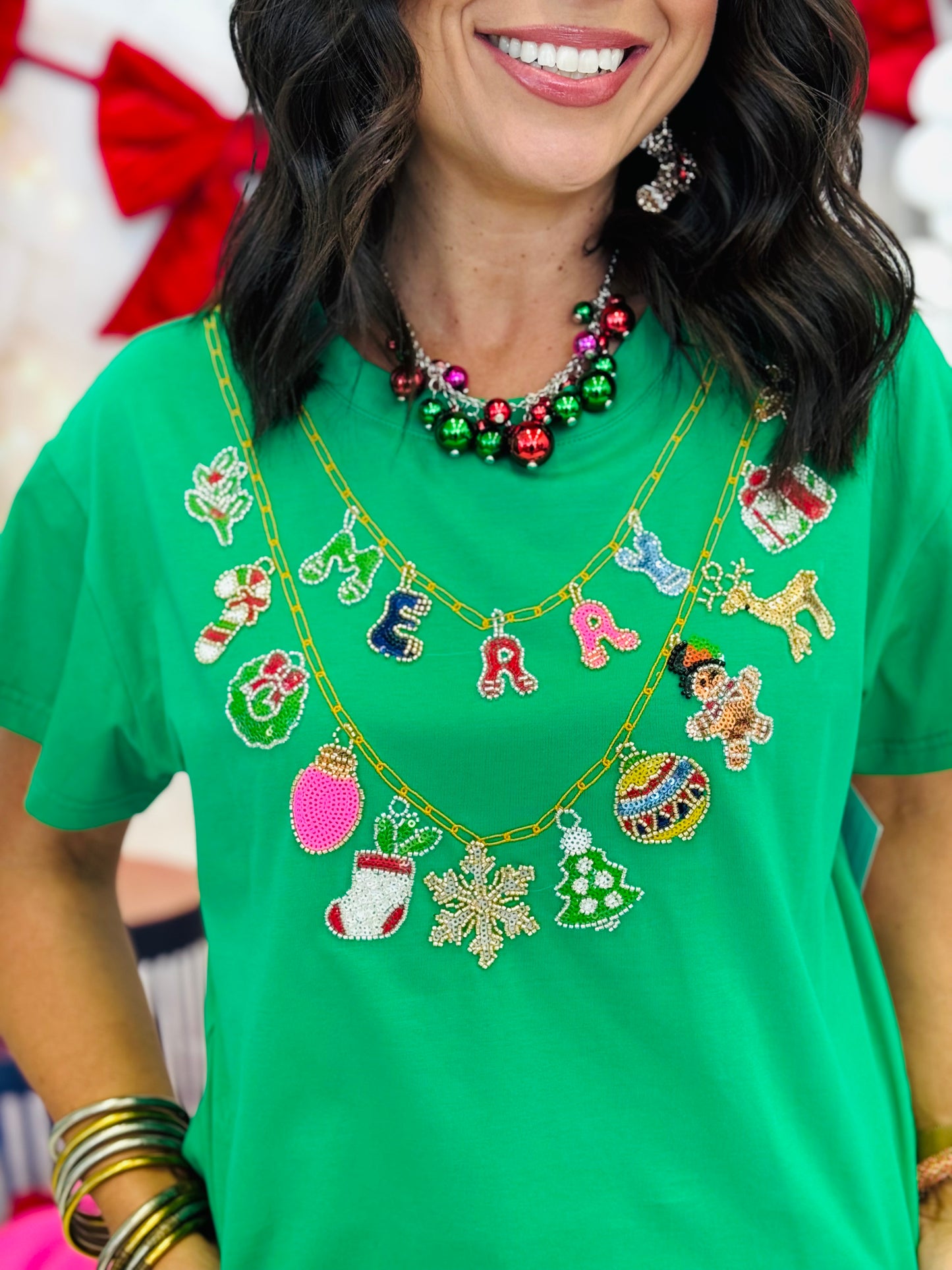 Queen Of Sparkles Green Christmas Necklace Tee (Reg. and Plus)