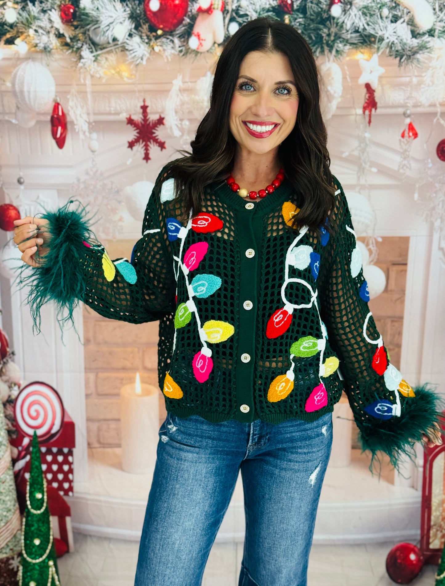 Queen Of Sparkles Dk Green Crochet Christmas Light Feather Sleeve Cardigan (Reg. and Plus)