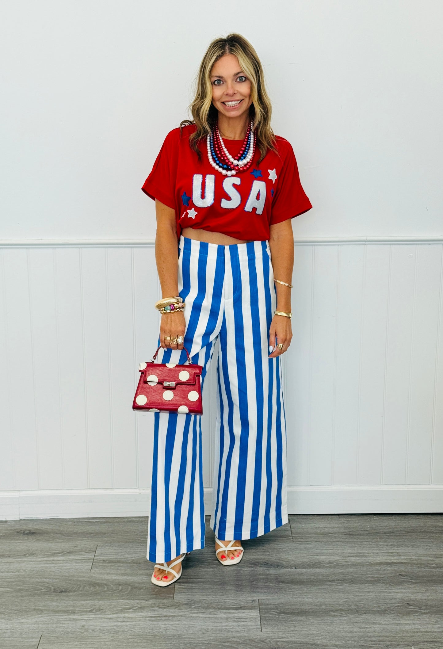White/Royal Bold Stripe Wide Leg Pants (Reg)