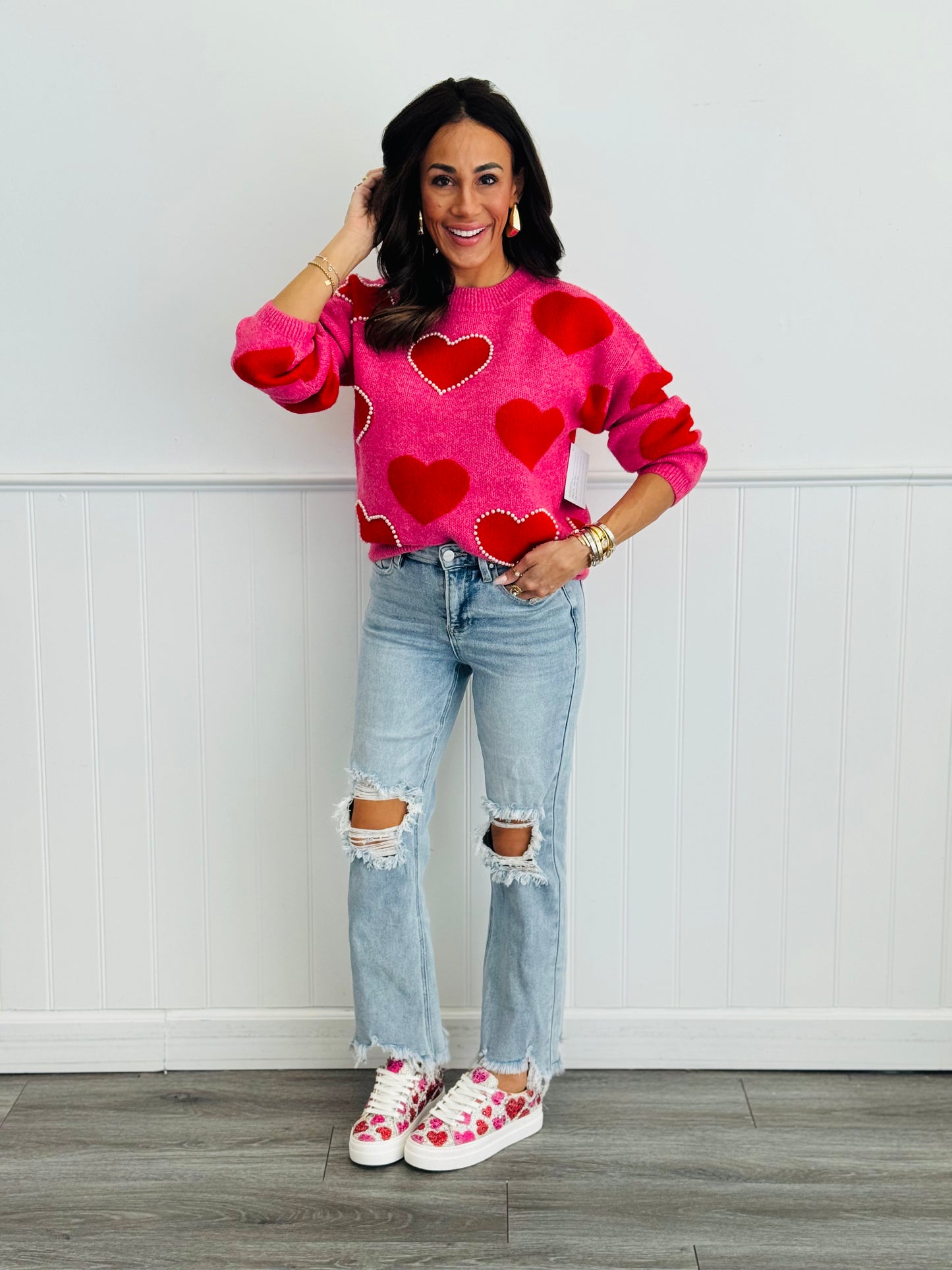 Pink Pearl Embellished Hearts Sweater Top (Reg.)
