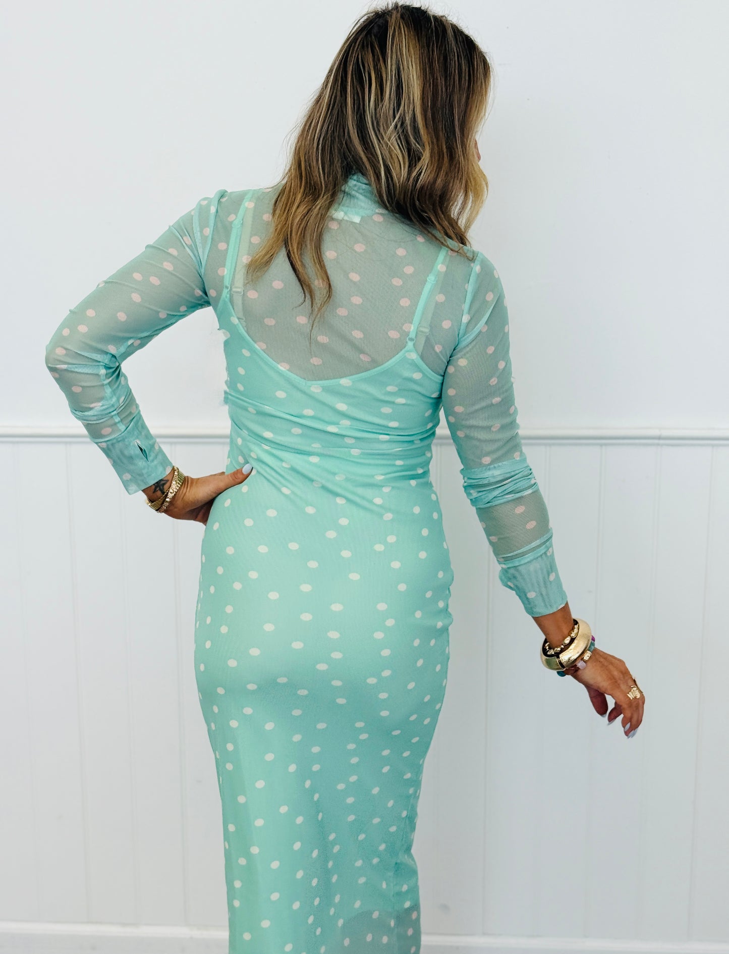 Sage Polka Dot Mesh Maxi Dress (Reg & Plus)