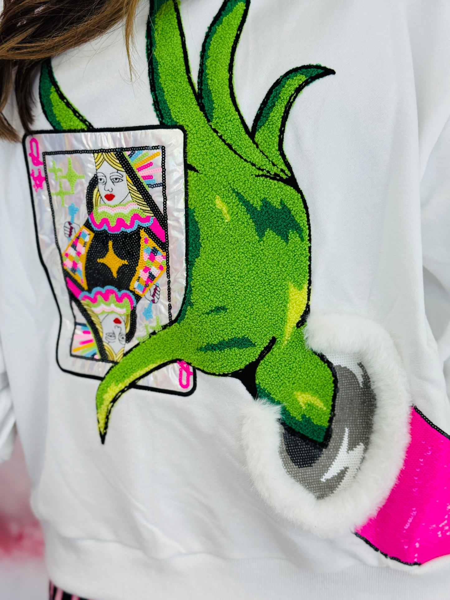 Queen Of Sparkles White & Green Hand Holding Logo Card Sweatshirt (Reg. & Plus)