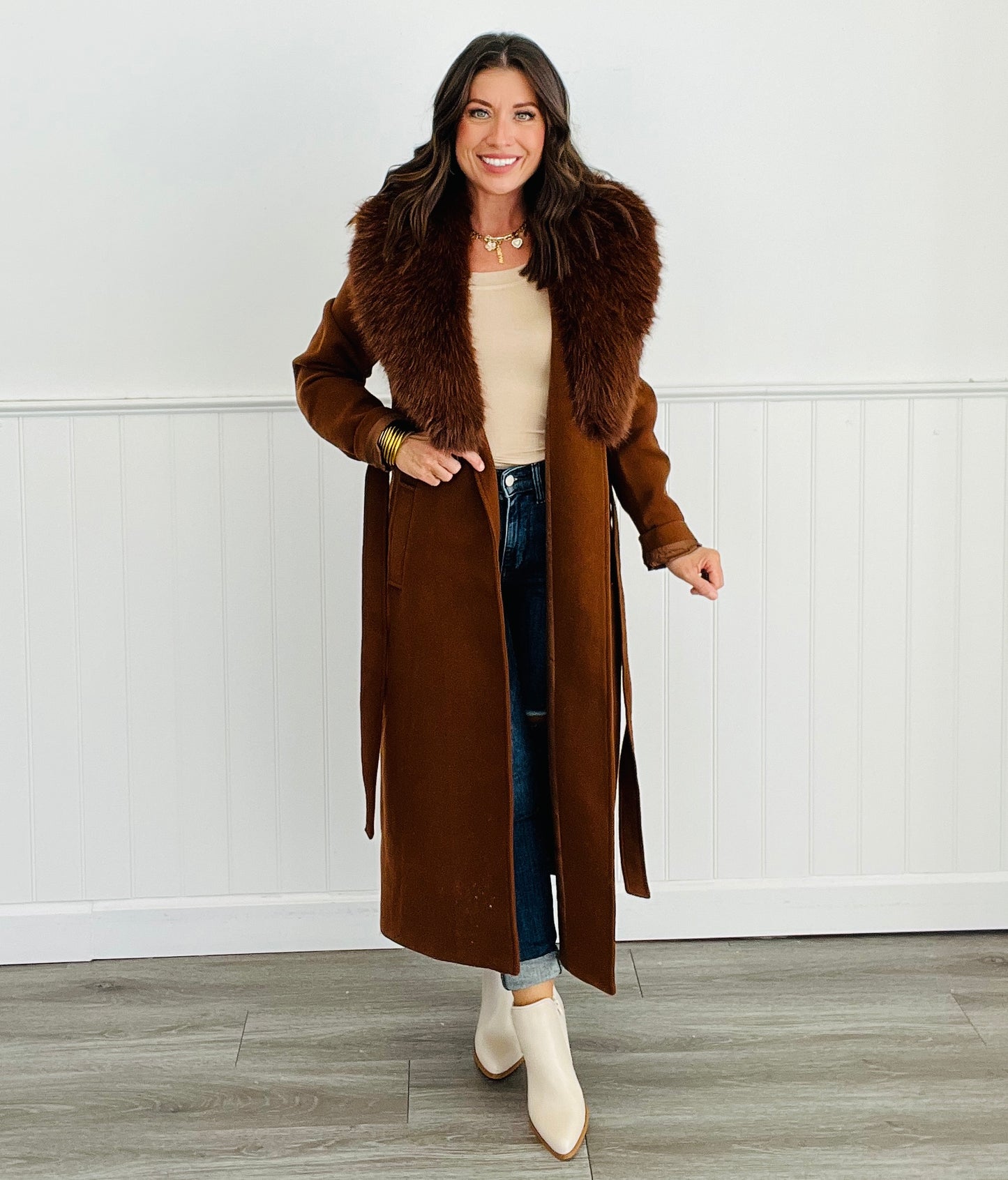 Longline Faux Fur Collared Coat (Reg.)- 2 Colors