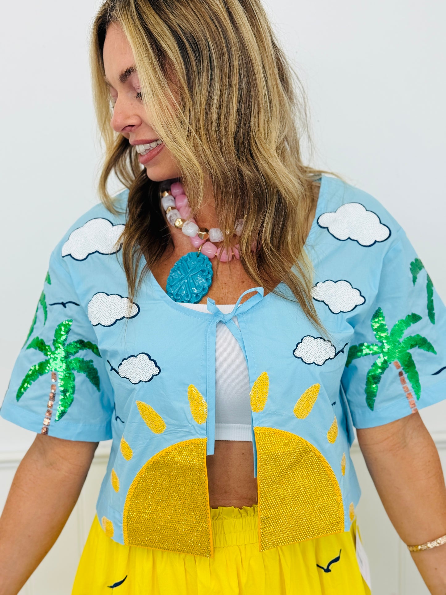 Queen Of Sparkles Aqua Sun, Cloud & Tree Tie Top (Reg. and Plus)