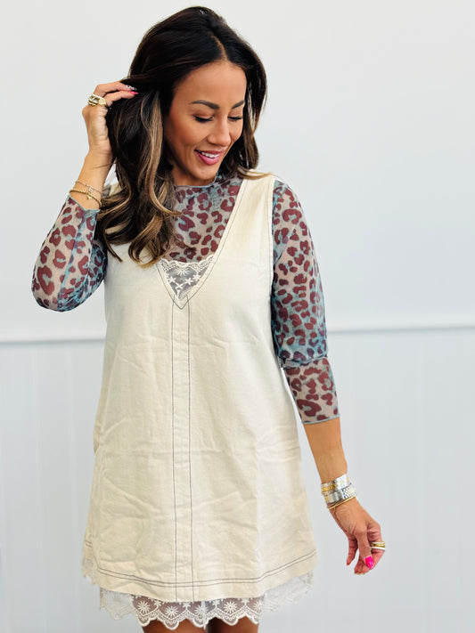 Oatmeal Washed Denim Lace Trim Mini Dress  (Reg.)