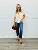 Ivory Braided Bead Trim Flutter Sleeve Top (Reg.)