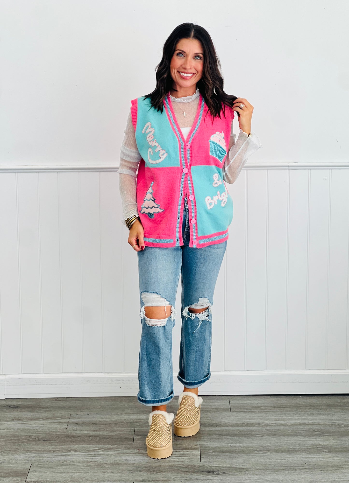 Pink Glitter Merry & Bright Sweater Vest (Reg. and Plus)