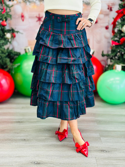 Plaid Elegance Tiered Midi Skirt (Reg)