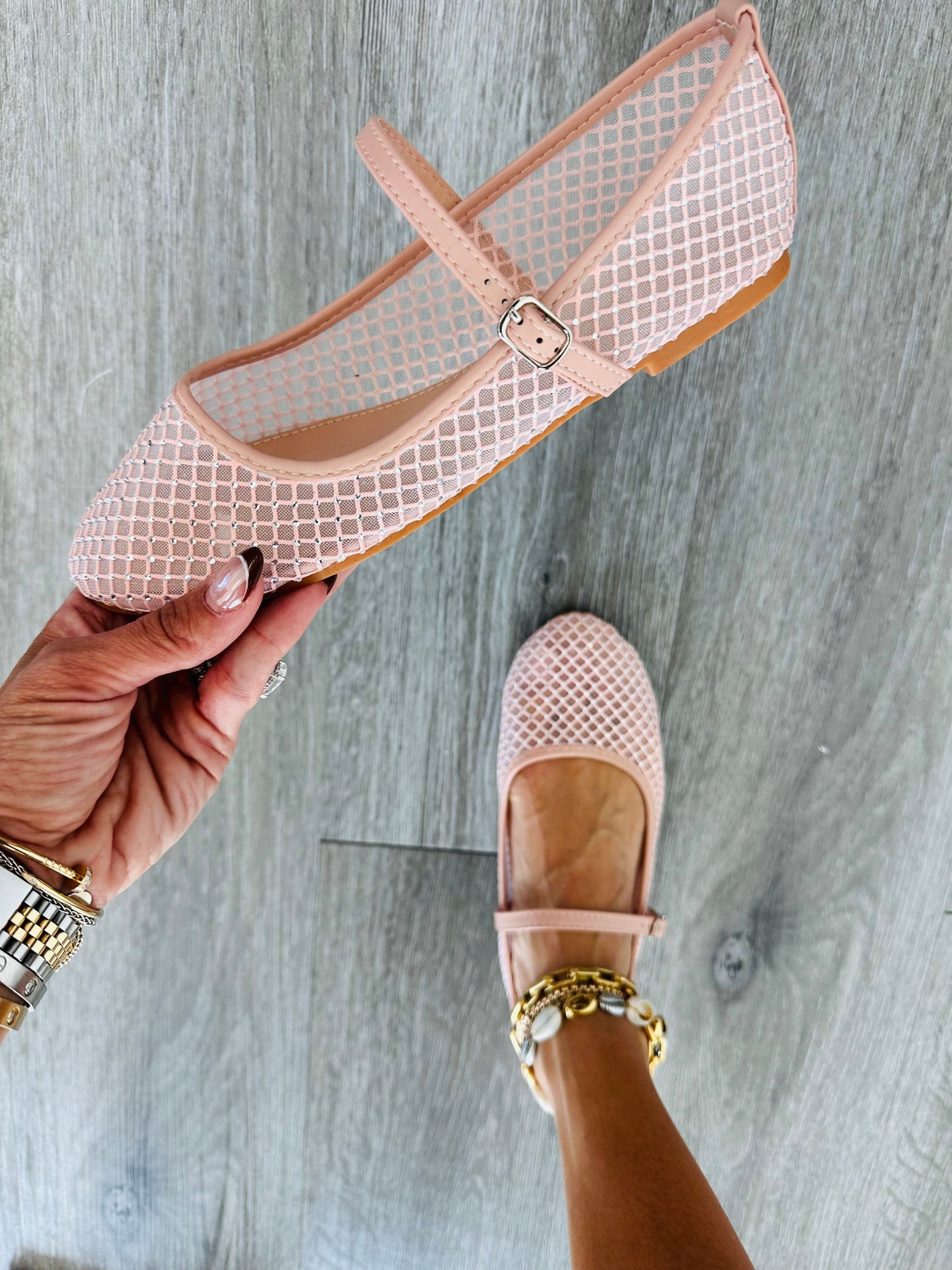 Nude Start Somewhere Mesh Rhinestone Flats