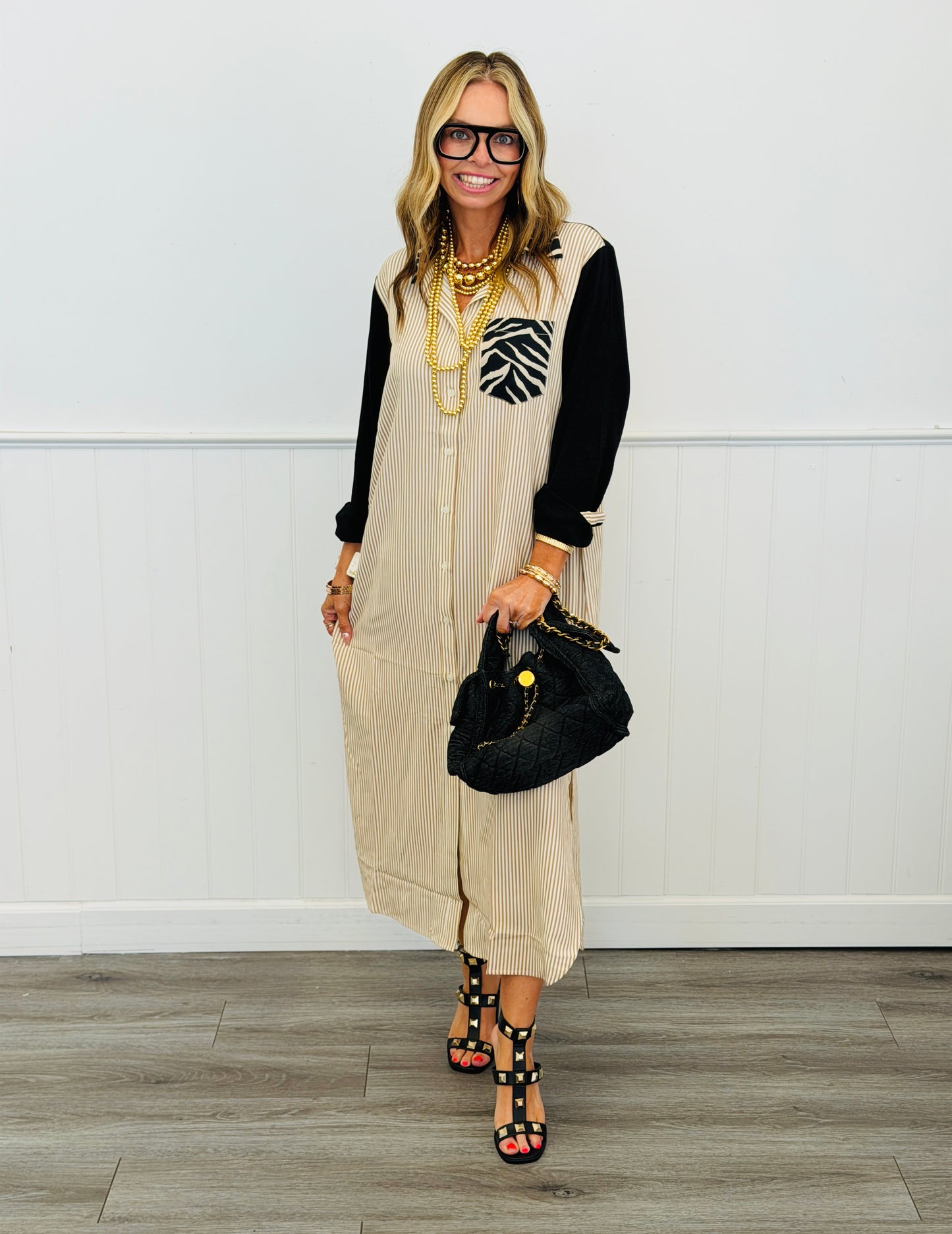 Black/Ivory Contrast Zebra Print Shirt Dress (Reg & Plus)