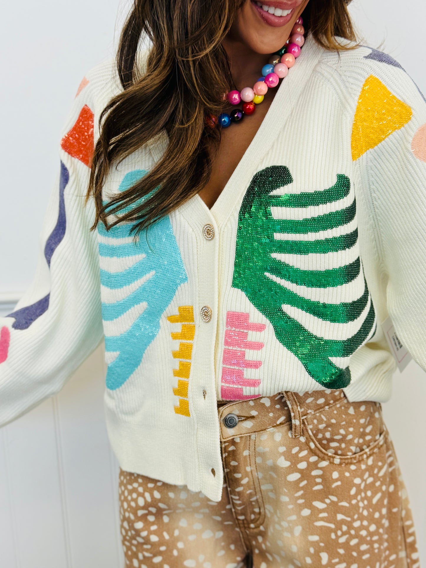 Queen Of Sparkles Ivory Multi Skeleton Button Up Cardigan (Reg. and Plus)