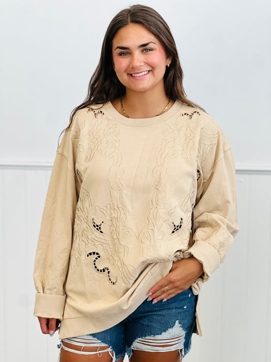 POL Sand Beige Cut Out Floral Design Sweatshirt (Reg.)
