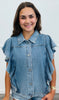 Denim Flutter Sleeve Blouse (Reg. & Plus)