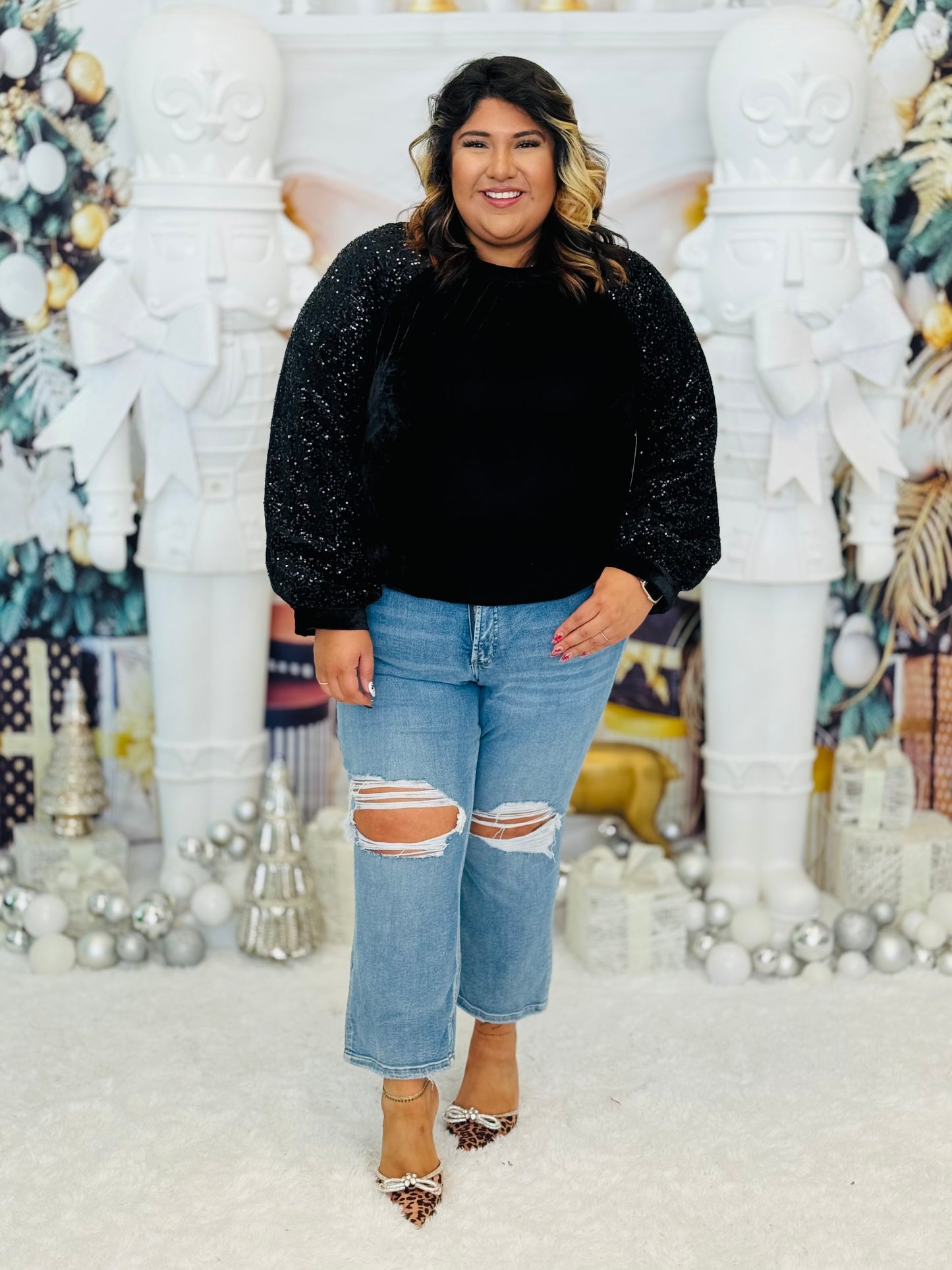 Luxe Velvet Sequin Sleeves Blouse (Reg & Plus)-2 Colors