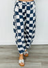 Navy Checkered Print Barrel Pants (Reg. and Plus)