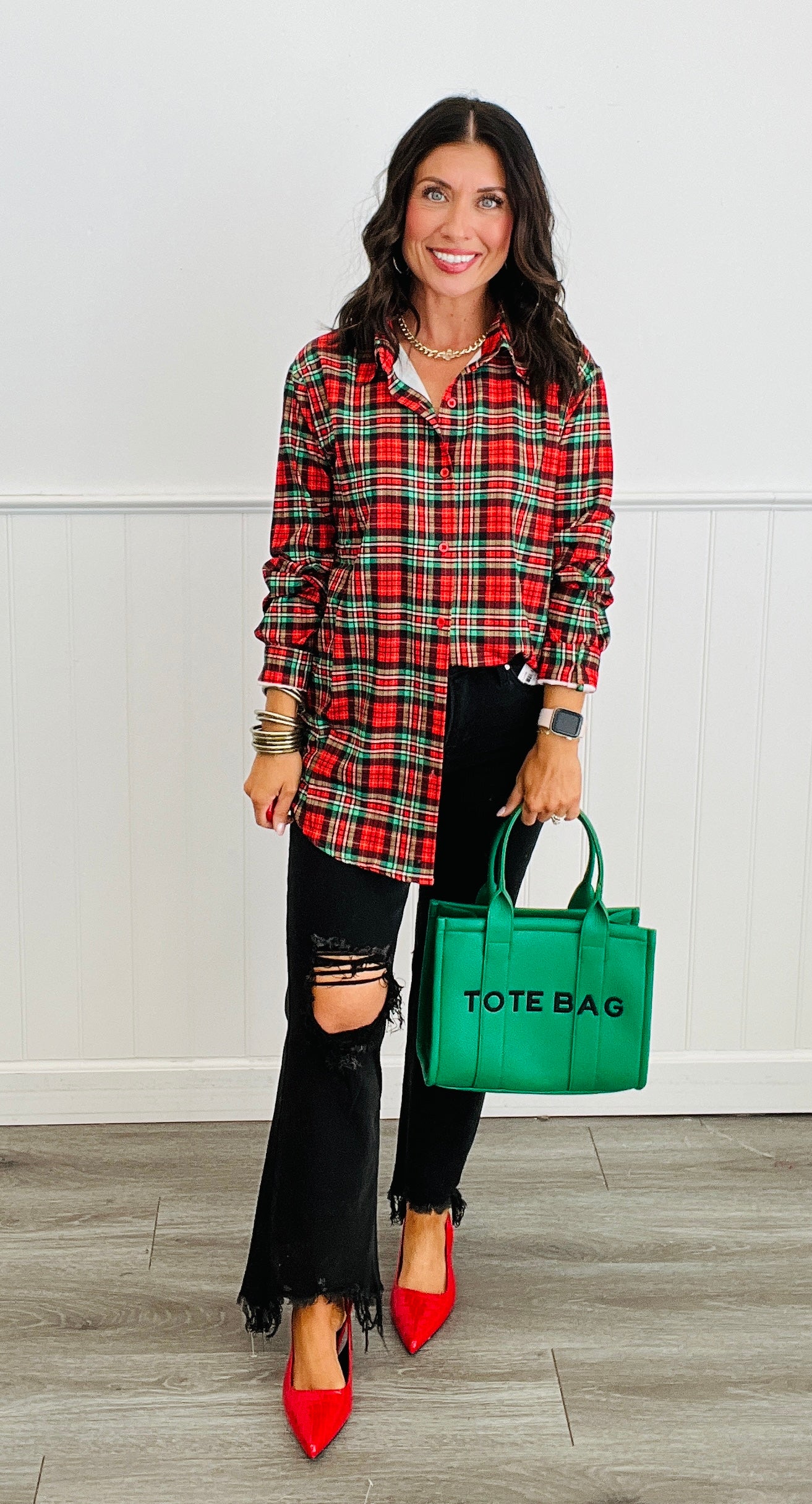 Christmas Plaid Nina Button Up Tunic (Reg. and Plus)