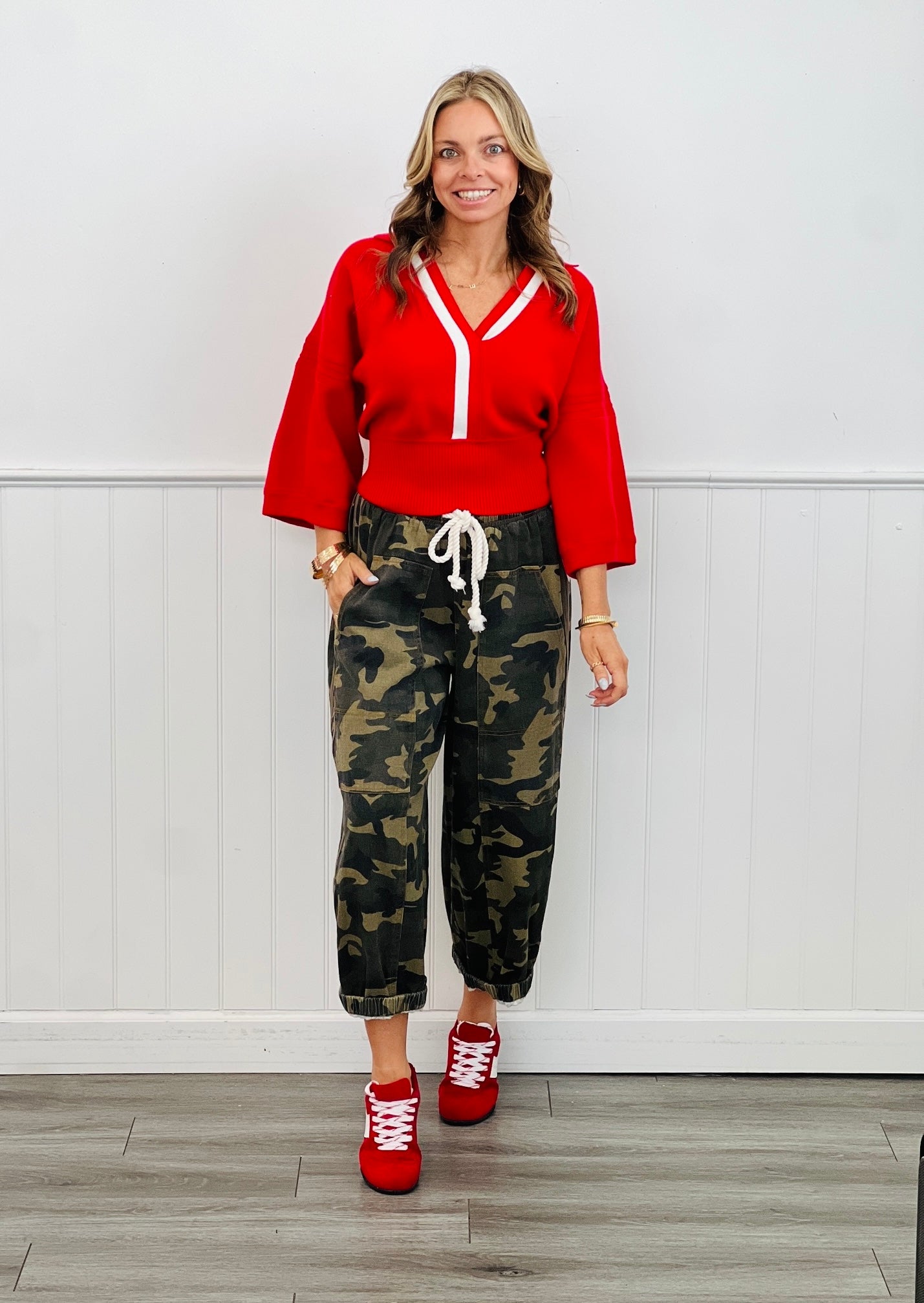 Red Relaxed Fit 3/4 Sleeves V Neck Top (Reg. and Plus)