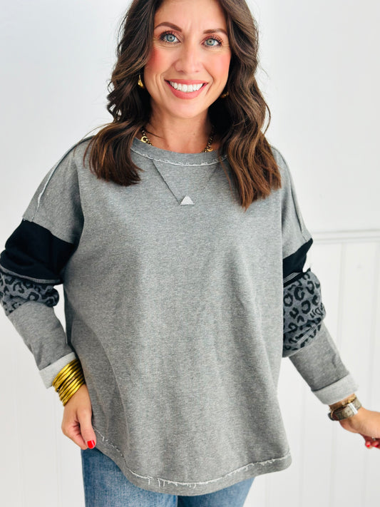 Heather Grey/Black Leopard Long Sleeve Top (Reg. & Plus)