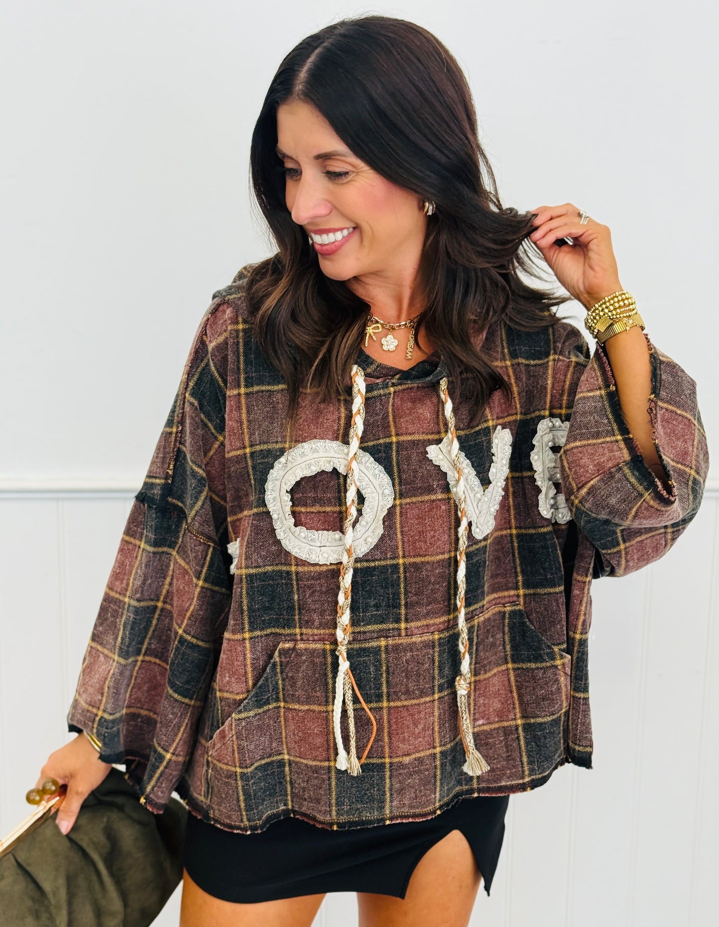 POL Choco Multi Plaid Love Hooded Top (Reg.)