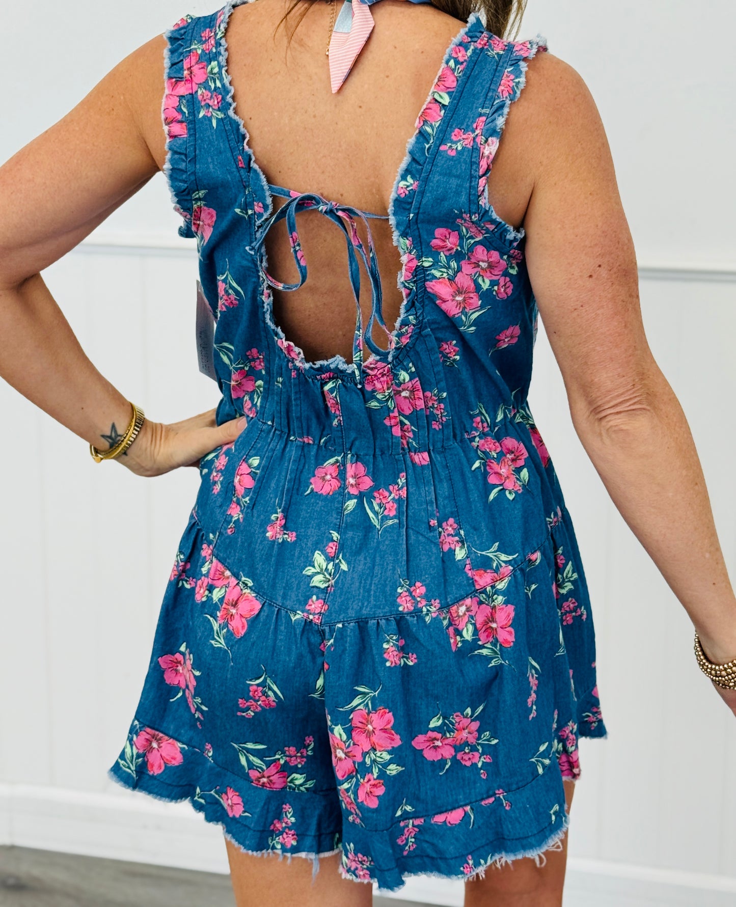 Denim/Mauve Floral Sleeveless Romper (Reg. and Plus)