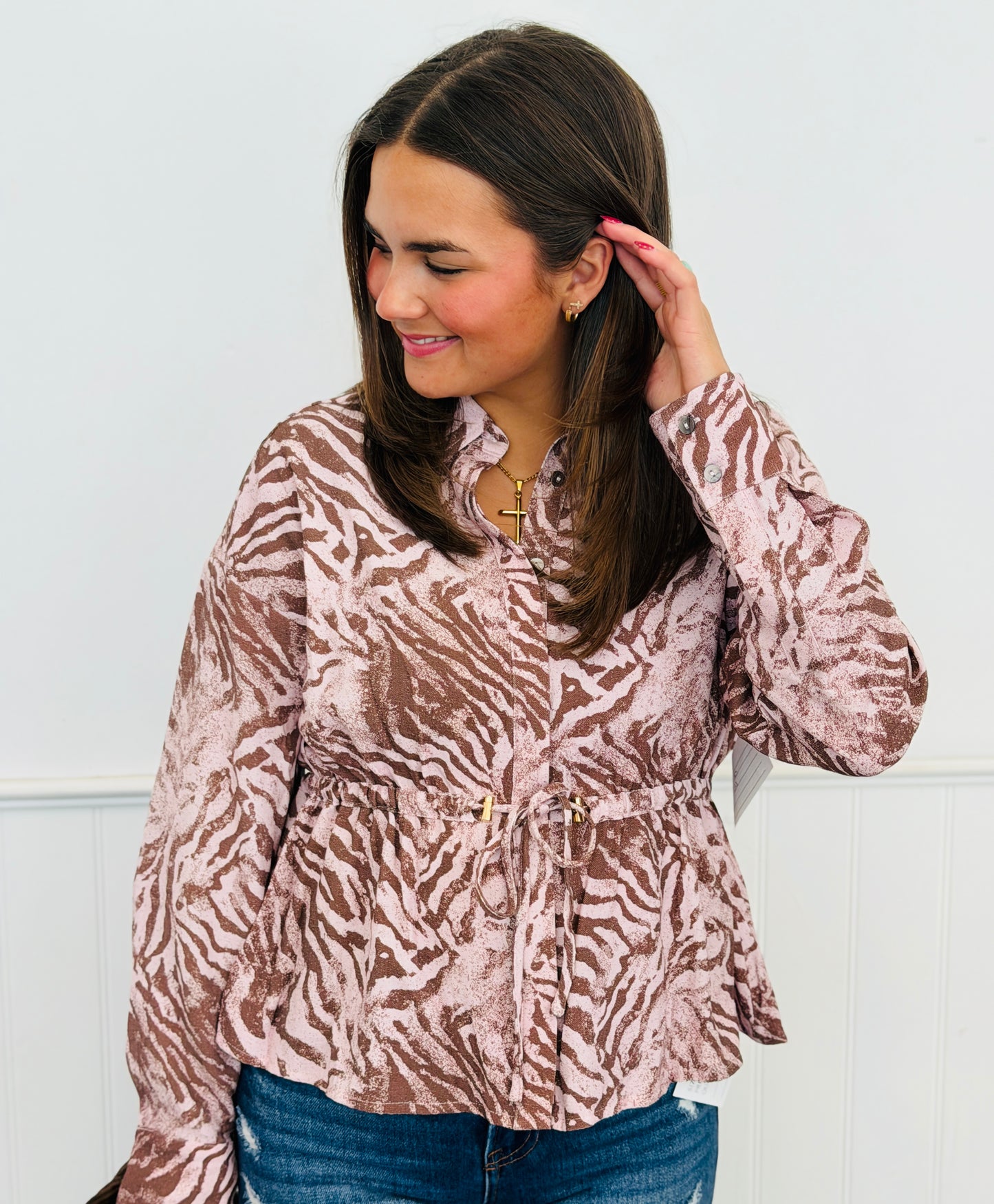 Camel/Pink Zebra Print Blouse (Reg.)
