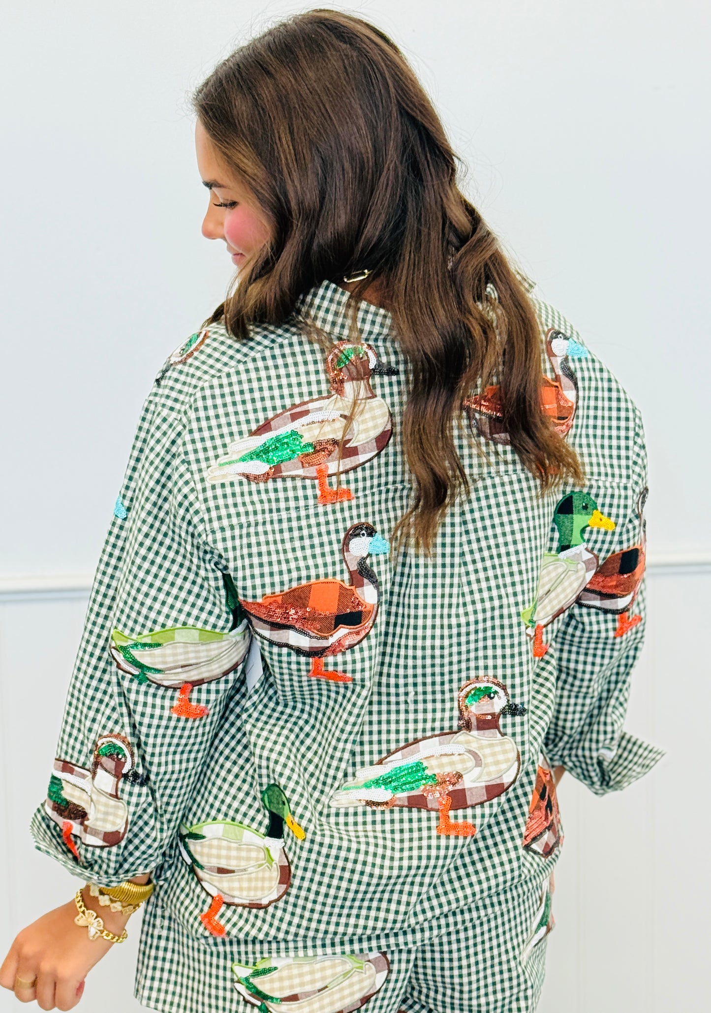Queen Of Sparkles Green/White Gingham Duck Button Up Top (Reg. and Plus)