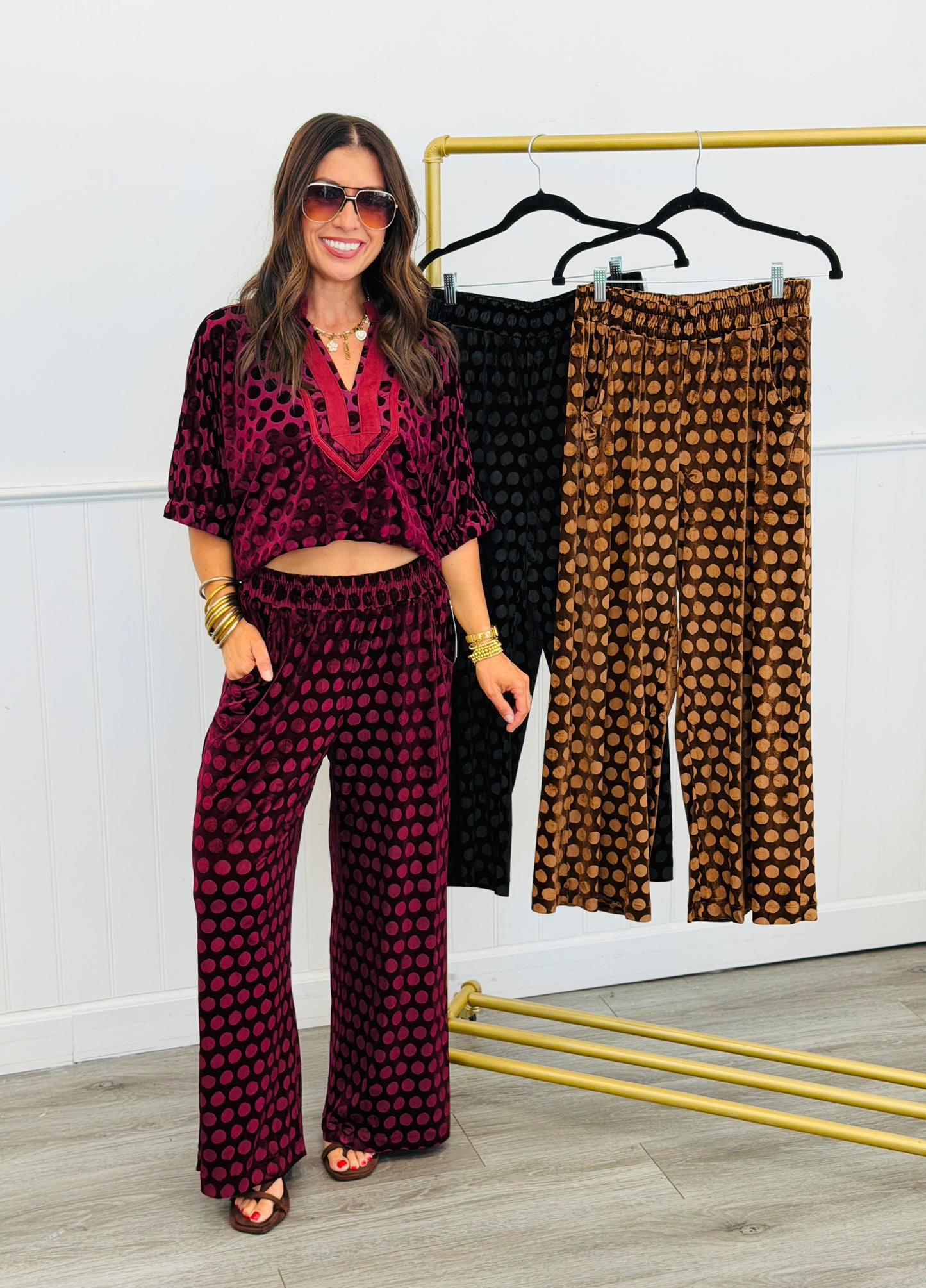 Velvet Polka Dot Wide Leg Pants (Reg.) - 3 Colors
