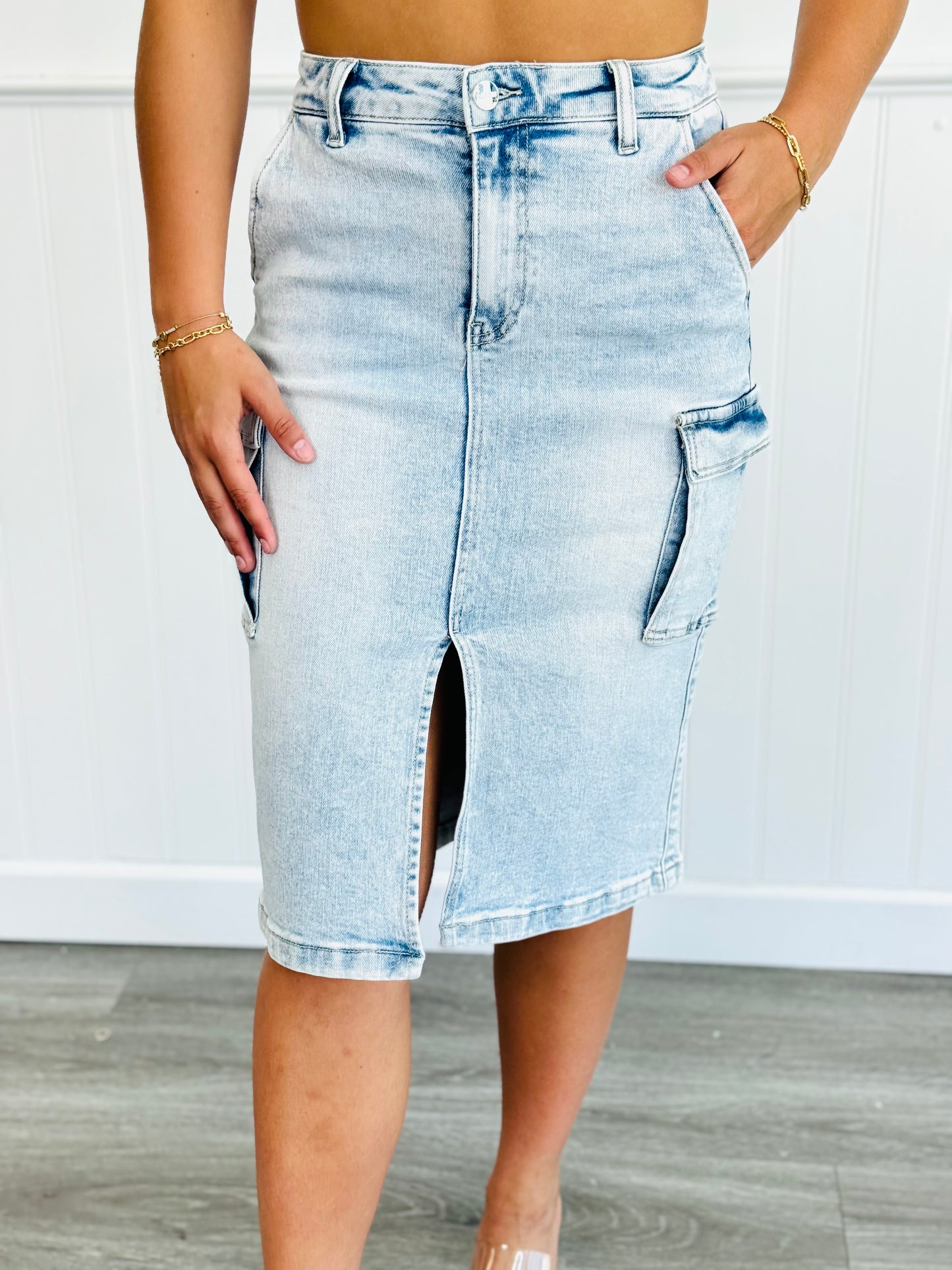 Risen Feelin' Fly Light Denim Cargo Midi Skirt (Reg & Plus)