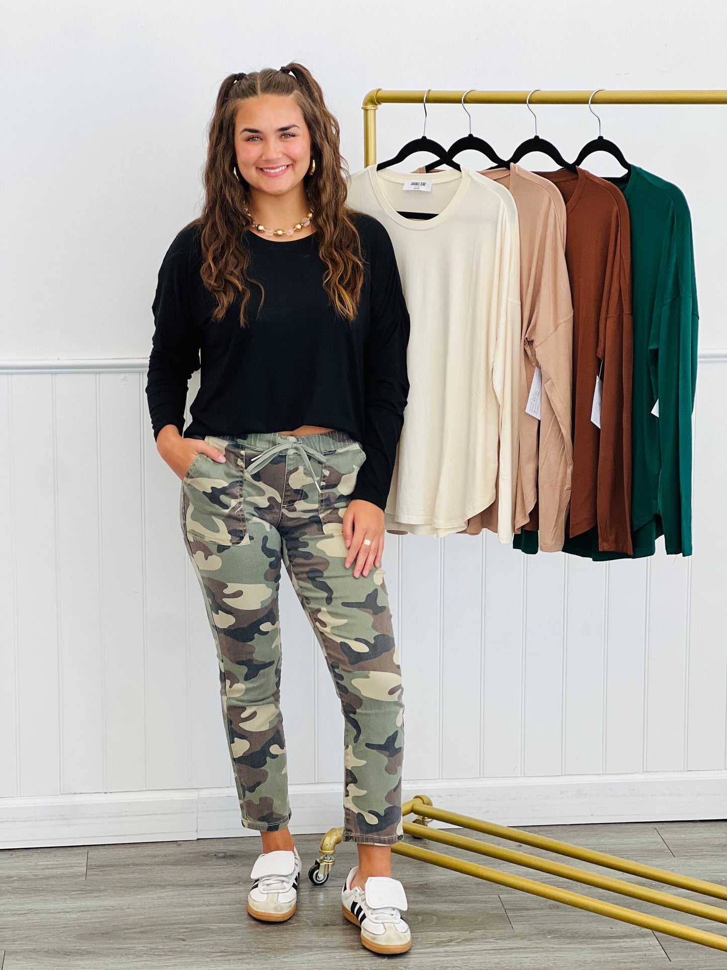 Curved Hem Long Sleeve Top (Reg.)-5 Colors