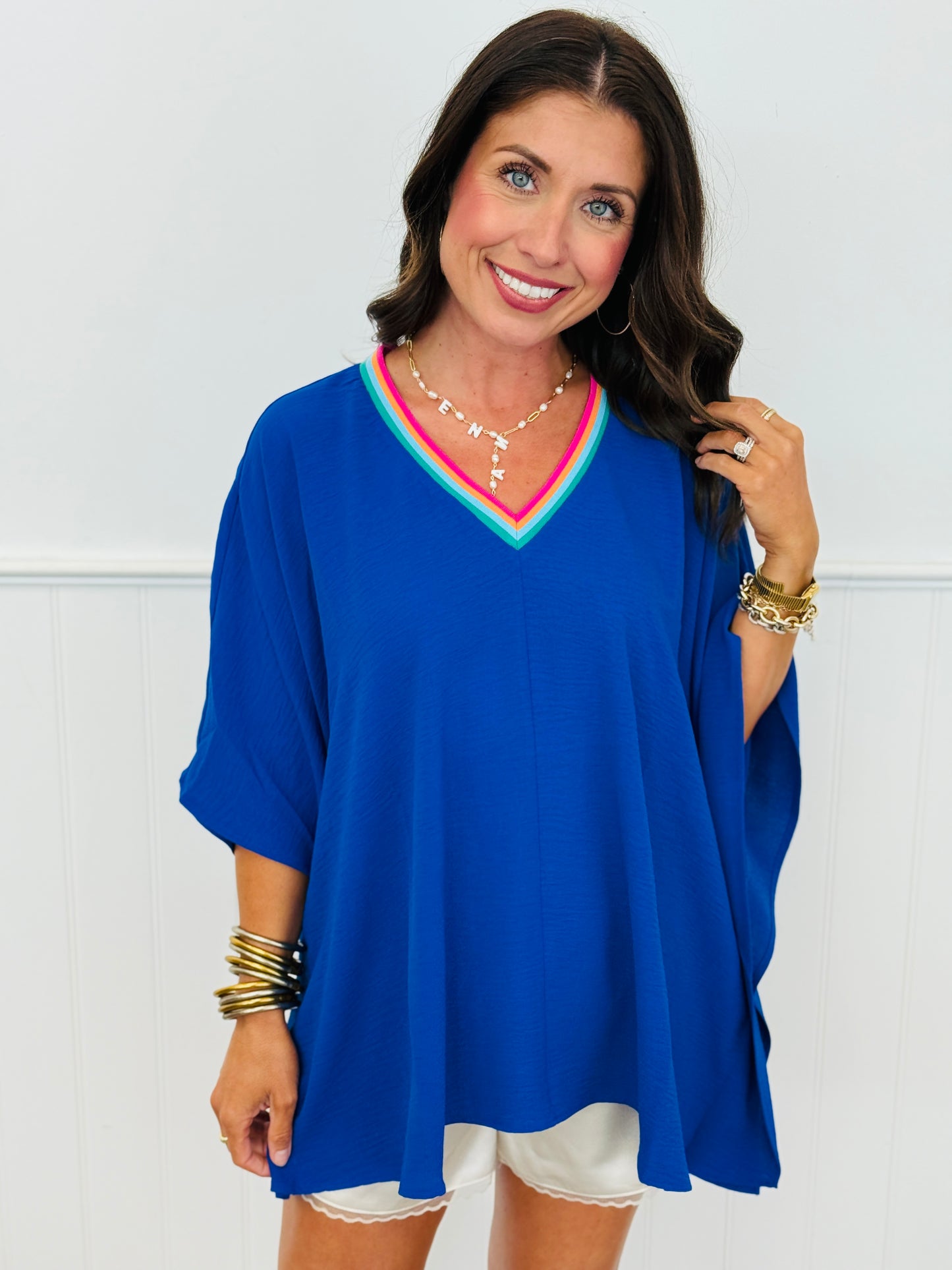 Contrast Neck Batwing Sleeve Top (Reg.) - 2 Colors