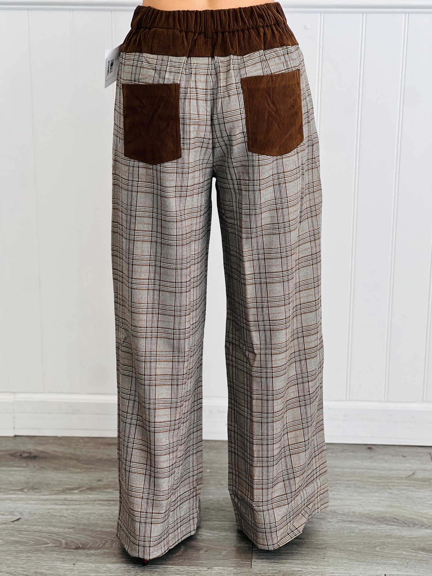 Brown Plaid Contrast Waist Pants (Reg & Plus)