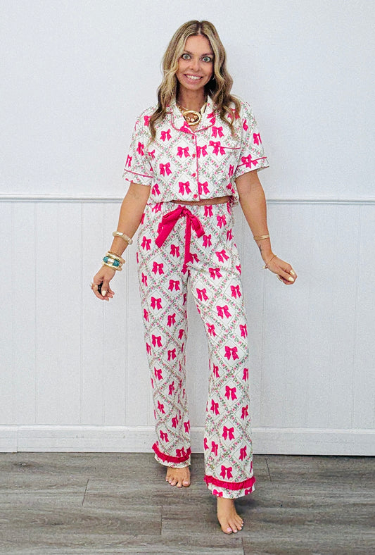 Pretty Lattice Bow Ruffle Pajama Set (Reg. and Plus)