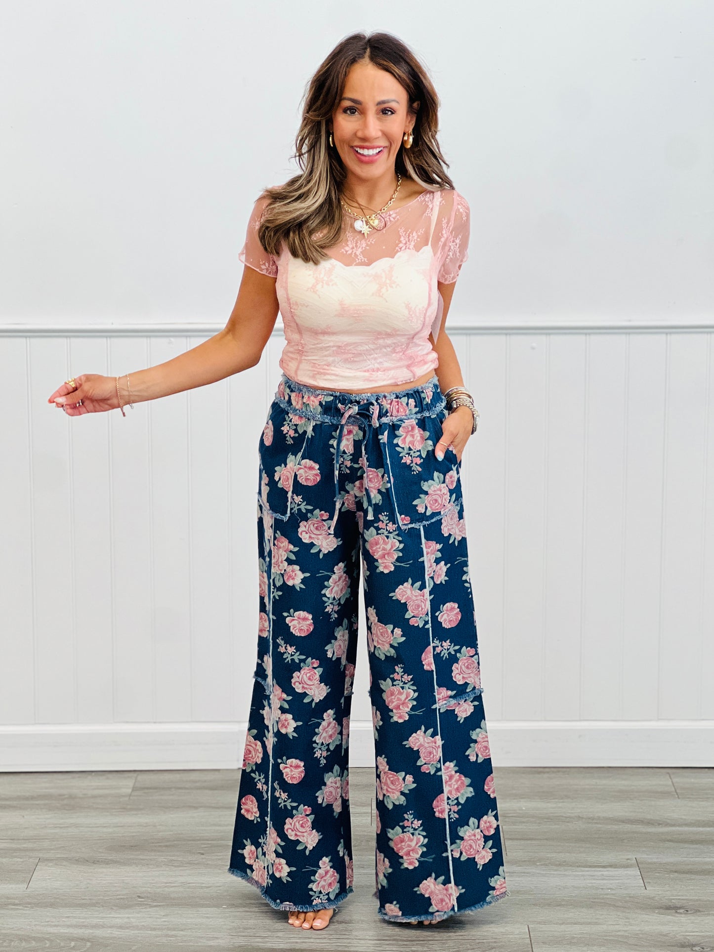 Dark Denim Floral Print Pants (Reg & Plus)