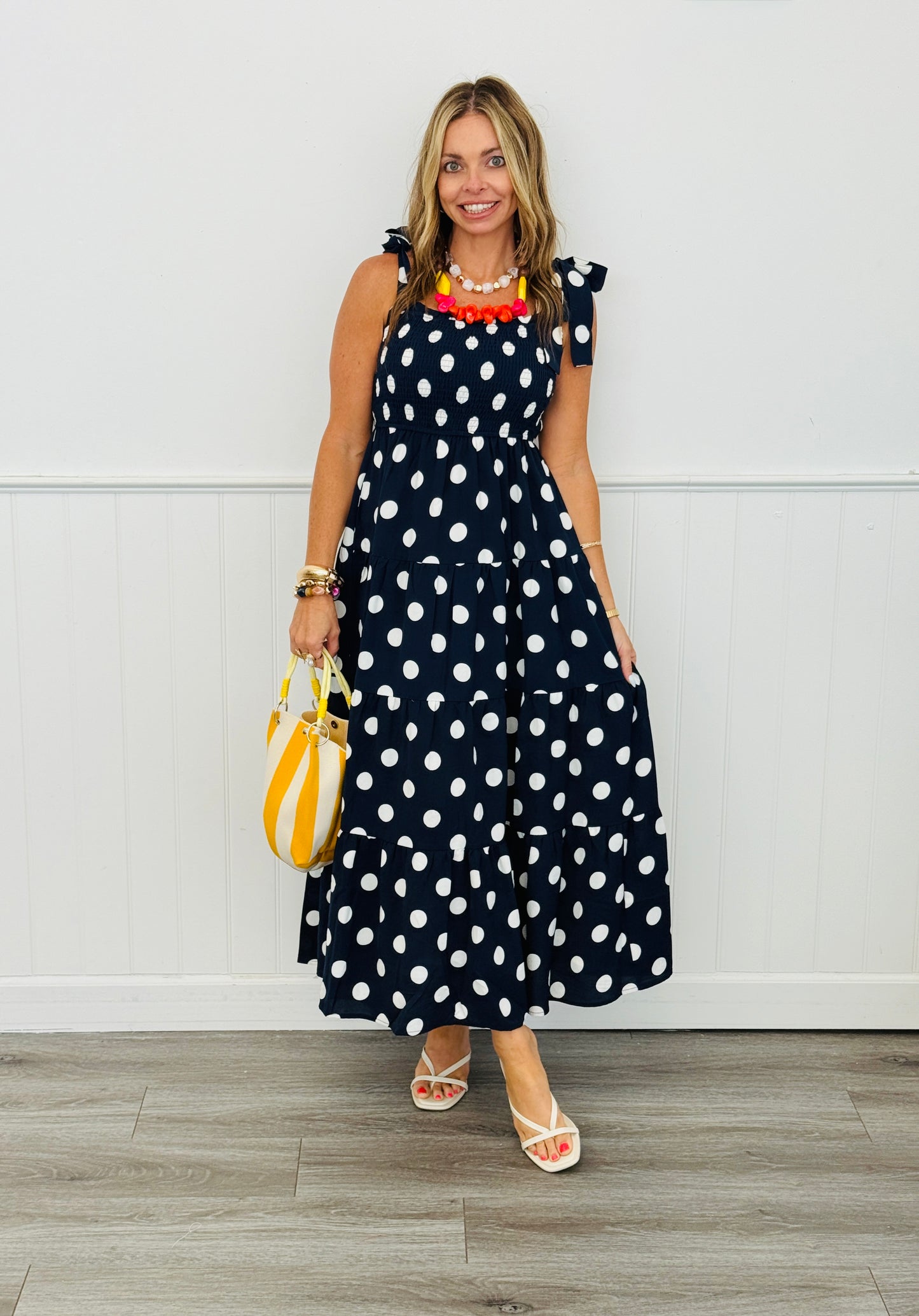 Navy/White Polka Dot Tiered Maxi Dress (Reg & Plus)