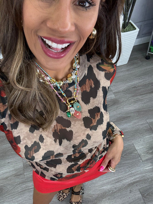 Taupe/Red Leopard Long Sleeve Mesh Top (Reg. and Plus)
